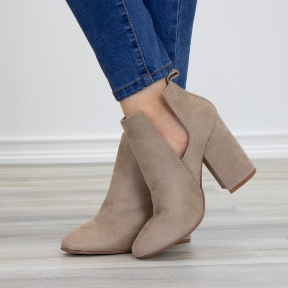 Shoes - Vegan Suede Tan Cute Ankle Boots W/ Open Sides